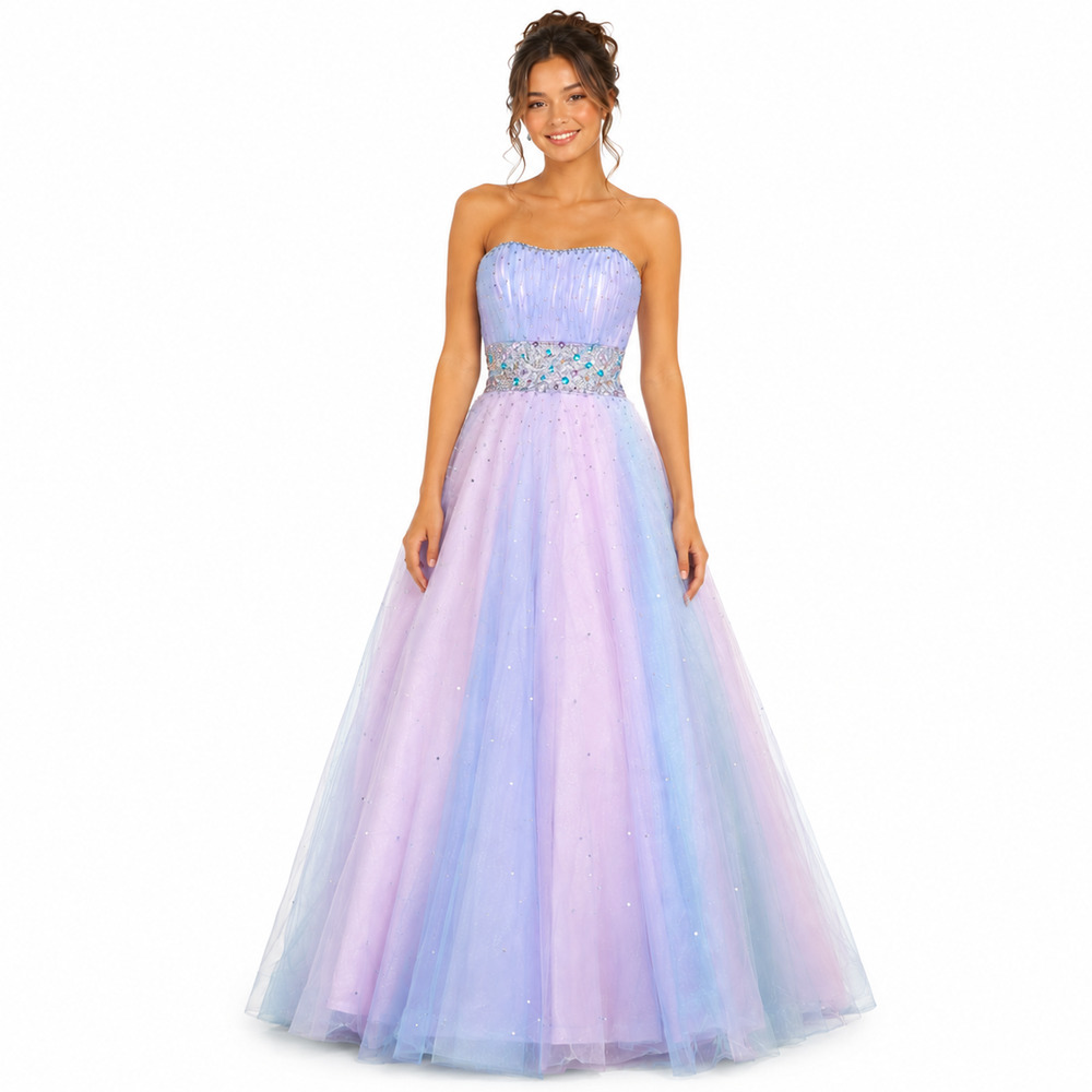 Mori Lee Tulle Ball Gown Strapless Lavender Blue Beaded Prom Pageant Dress 5 / 6